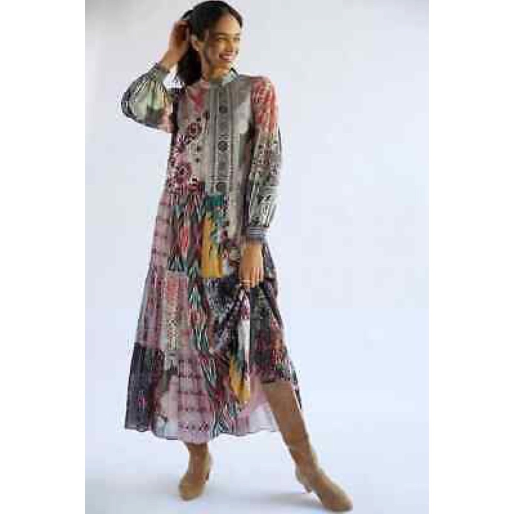 Anthropologie Long Sleeve Tiered Maxi Dress Floral Beaded Patchwork Geisha